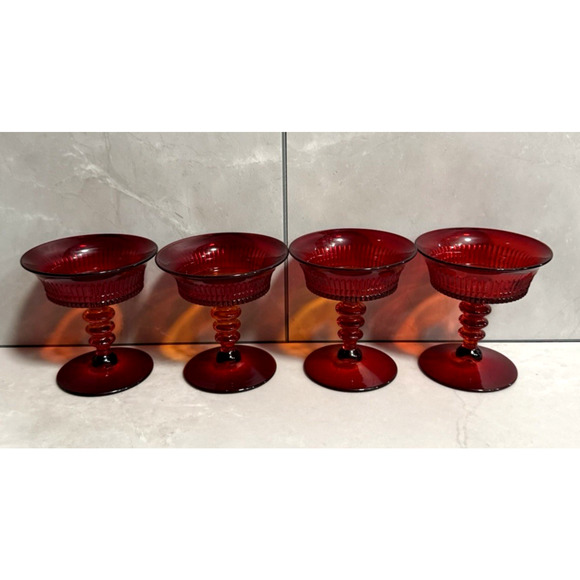 Set of 4 1920s Vintage Fenton Ruby Red Lincoln Inn Sherbet Glasses Stemware - Picture 1 of 9